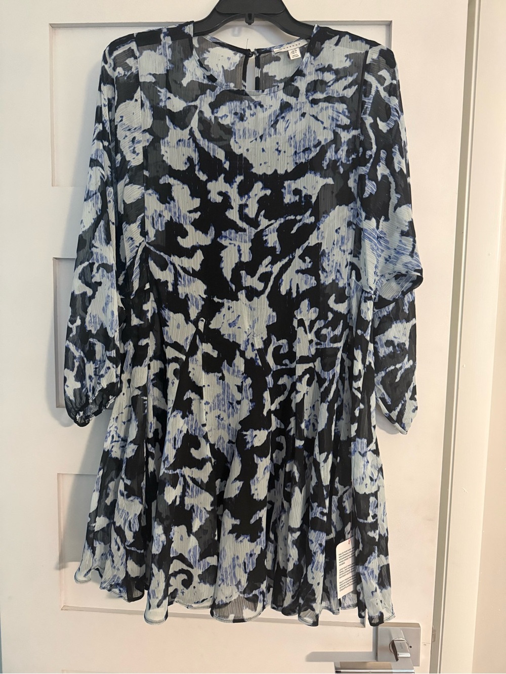 Topshop Black and Light Blue Floral Pleated Long Sleeve Dress